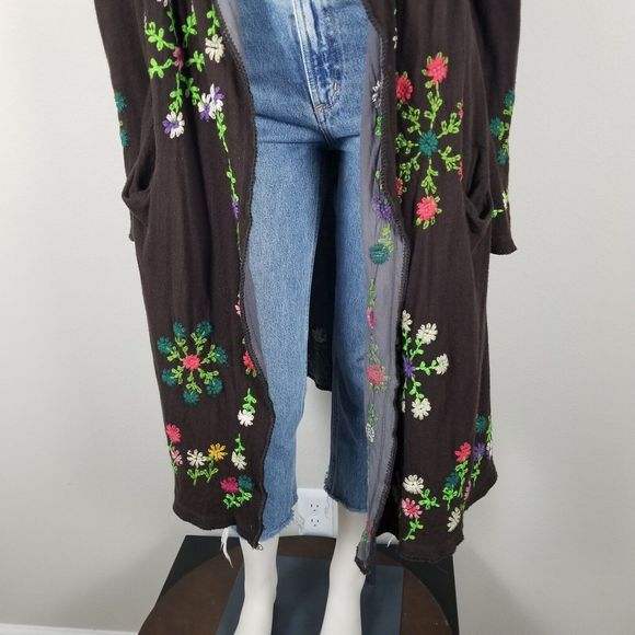 Biya Johnny Was Brown Floral Embroidered Waterfall Long Brown Cardigan Size M - Picture 6 of 15